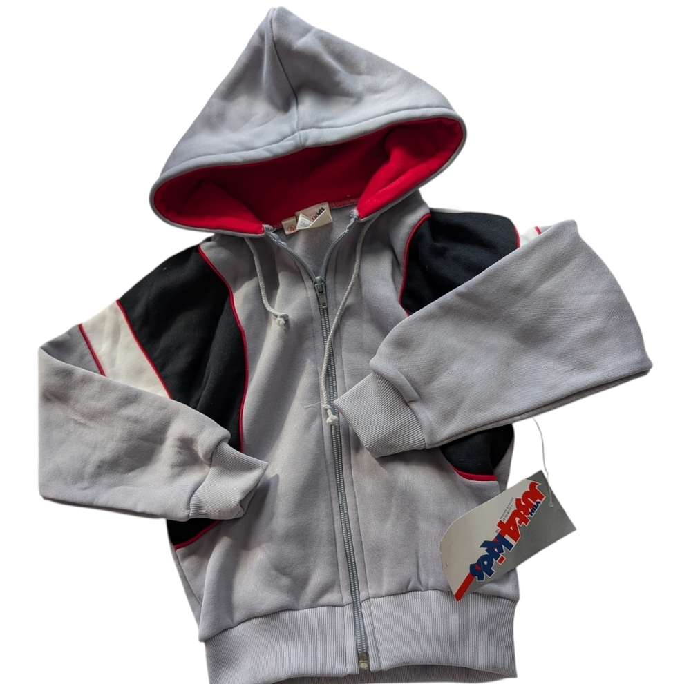 80s 90s Vintage Kids Color Block Gray Black Red Hoodie Sweatshirt Jacket NWT 5/6